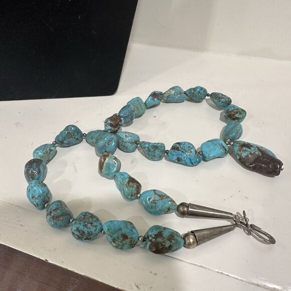 Vtg Native American Turquoise Boulder Nugget Necklace Sterling Silver W Heshi - Picture 2 of 10